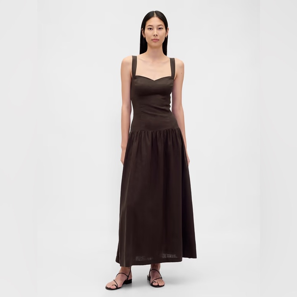 NWT! GAP Terra Brown Linen-Blend Drop-Waist Corset Maxi Dress - Small 🧁